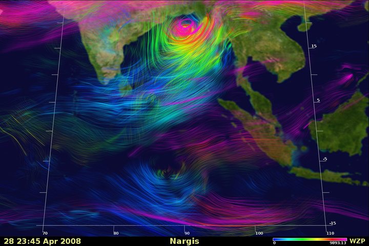 NASA 超级计算机模拟的 2008 年气旋纳尔吉斯风场，彩色流线覆盖孟加拉湾与东南亚，颜色表示风所在高度