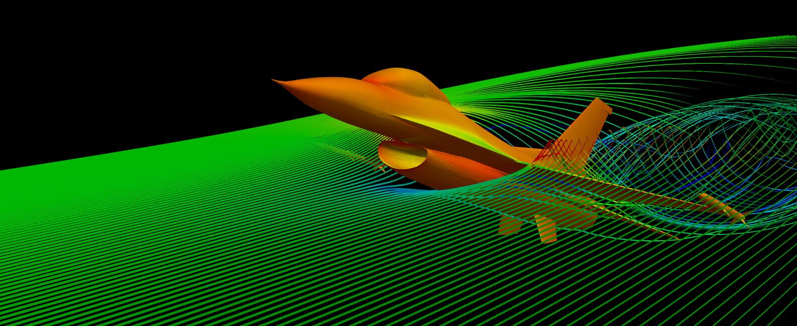 OpenFOAM 计算、ParaView 可视化的 F-16 绕流结果：机身按表面压力着色，彩色流线在机翼后方呈螺旋状卷起